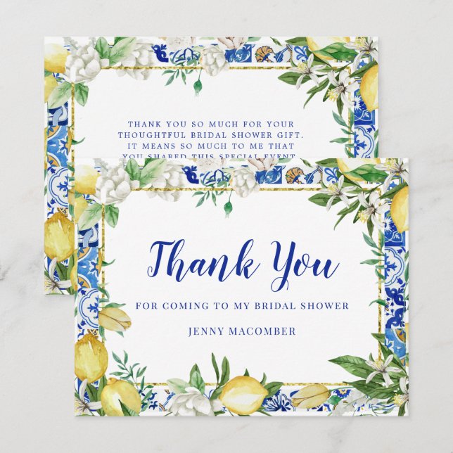 Lemon White Floral Blue Mosaic Tile Thank You Card (Front/Back)