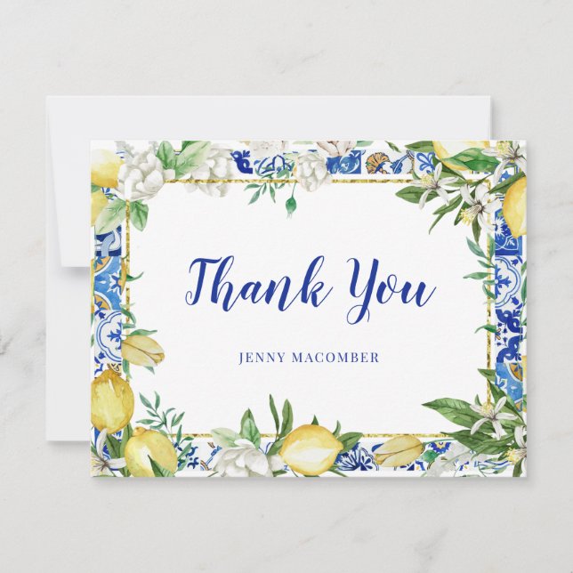 Lemon White Floral Blue Mosaic Tile Thank You Card (Front)