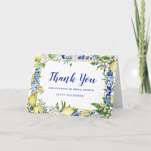 Lemon White Floral Blue Tile Photo Folded Thank You Card (Front)