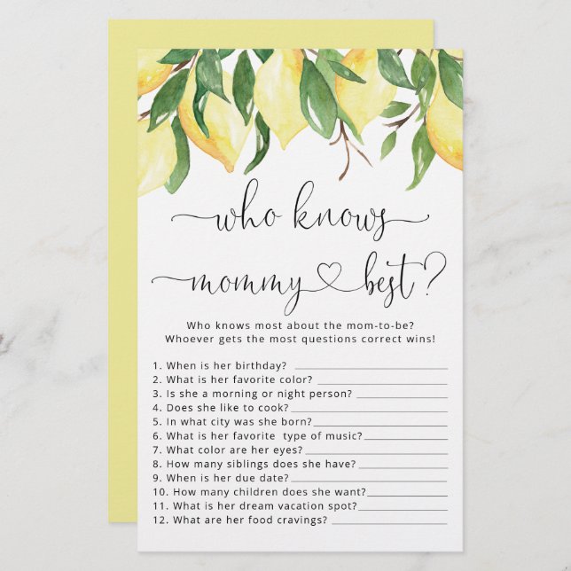 Lemon Who Know Mummy Best Baby Shower Game (Front/Back)