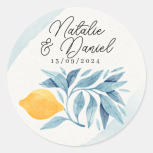 Lemon with blue leaves botanical illustration classic round sticker