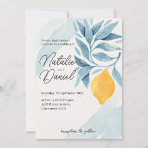 Lemon with blue leaves botanical illustration invitation