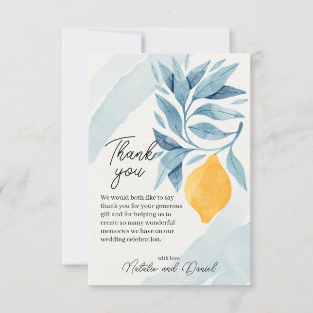 Lemon with blue leaves botanical illustration thank you card (Front)