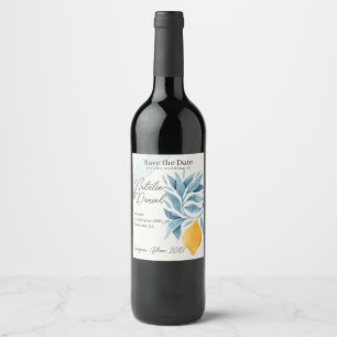 Lemon with blue leaves botanical illustration wine label