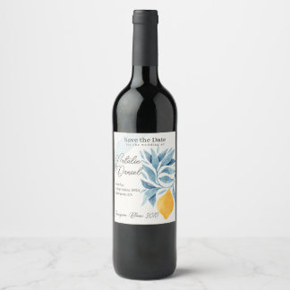 Lemon with blue leaves botanical illustration wine label