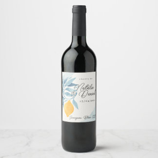 Lemon with blue leaves botanical illustration wine label