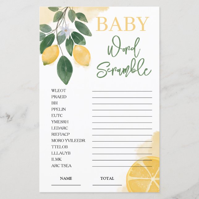 Lemon Word Scramble Baby Shower Game (Front)