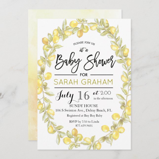 Lemon Wreath Watercolor Baby Shower Invitation (Front/Back)