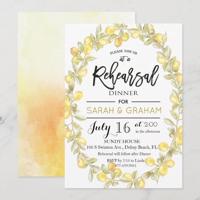 Lemon Wreath Watercolor Rehearsal Invitation (Front/Back)