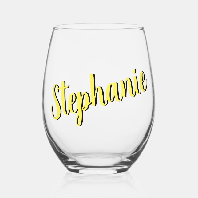 Lemon Yellow 3D Elegant Handwritten Style Name Stemless Wine Glass (Front)