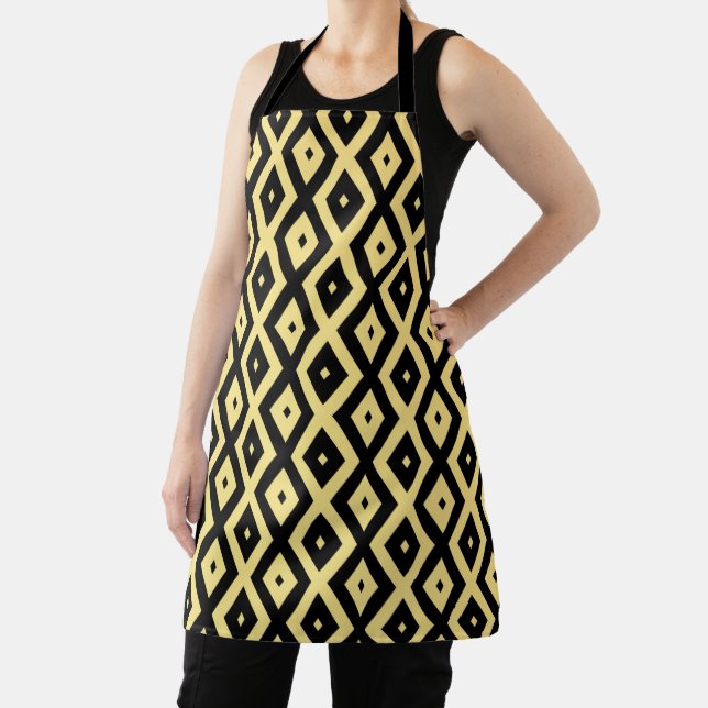 Lemon yellow and black diamond pattern apron (Insitu)