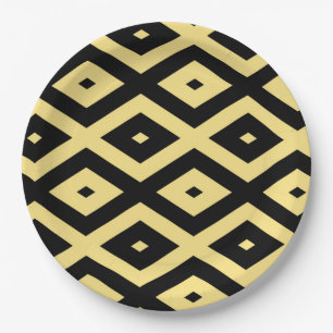 Lemon yellow and black diamond pattern paper plate