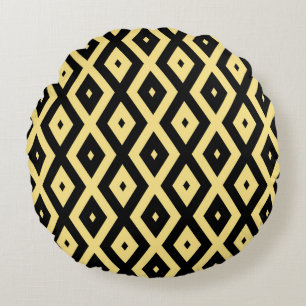 Lemon yellow and black diamond pattern round cushion