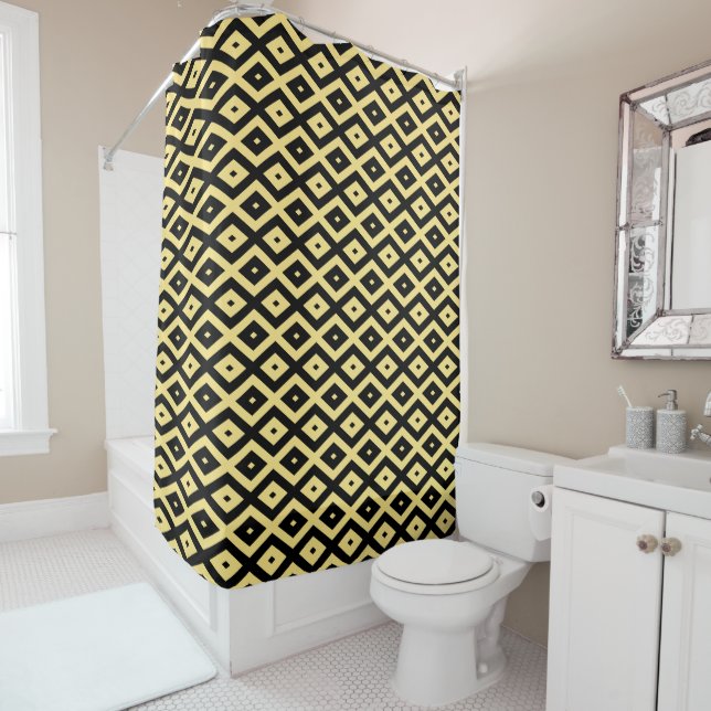 Lemon yellow and black diamond pattern shower curtain (In Situ)