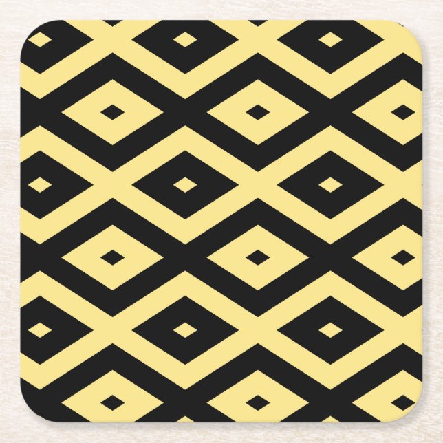 Lemon yellow and black diamond pattern square paper coaster (Front)