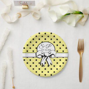 Lemon Yellow and Black Dots White Bow Personalised Paper Plate
