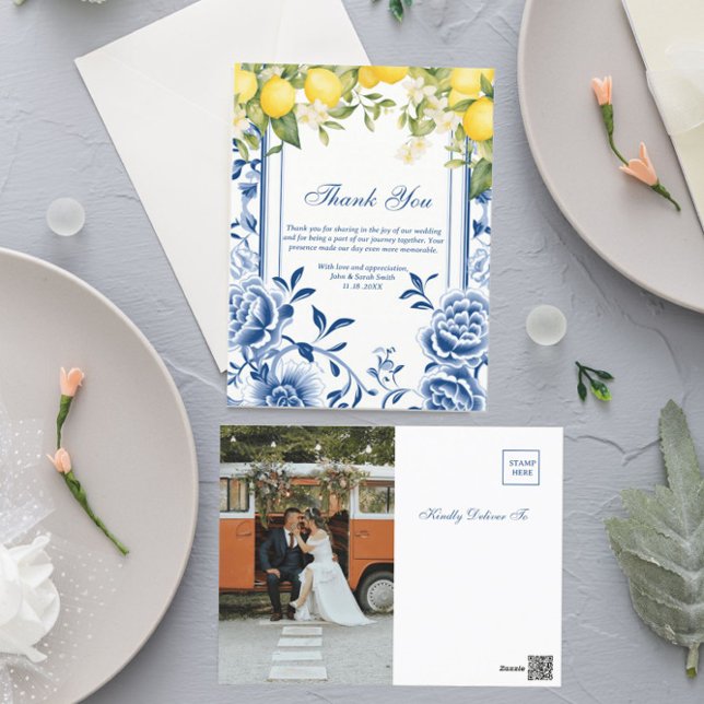 Lemon yellow and navy blue Wedding Thank You Postcard (Creator Uploaded)