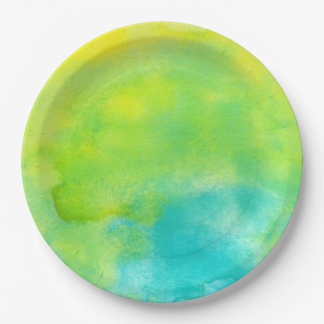 Lemon Yellow and Turquoise Blue Watercolor Paper Plate (Front)