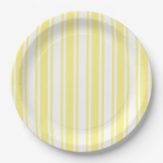 Lemon yellow and white candy stripes paper plate (Front)
