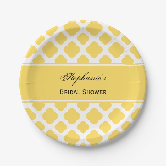 Lemon Yellow and White Quatrefoil Pattern Bridal Paper Plate (Front)