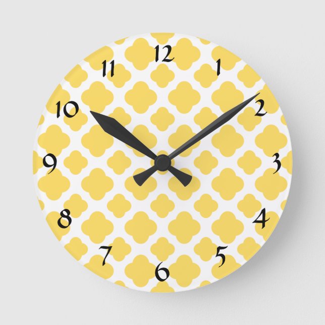 Lemon Yellow and White Quatrefoil Pattern Round Clock (Front)