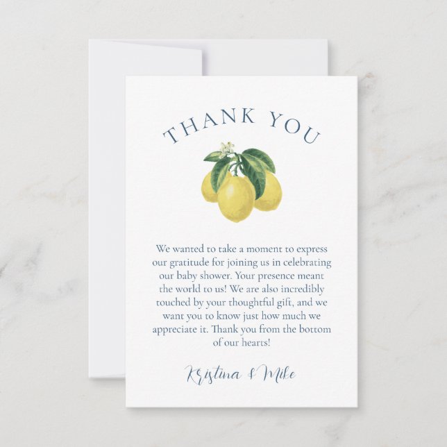 Lemon Yellow Baby Shower Thank You Card (Front)