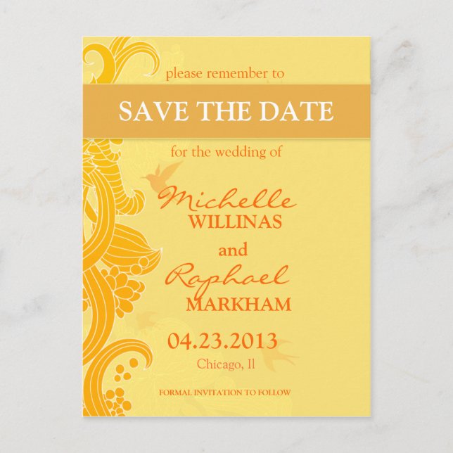 Lemon Yellow Birds Wedding Save the Date Announcement Postcard (Front)