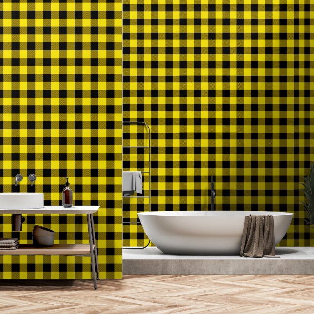 Lemon Yellow Black 3 Inch Lumberjack Buffalo Plaid Wallpaper (Bathroom)