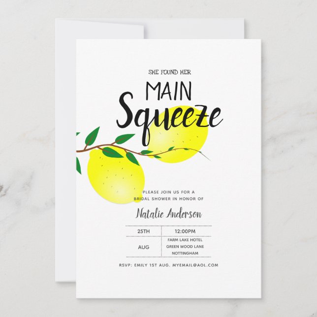 Lemon Yellow Bridal Shower She Found Her Squeeze Invitation (Front)