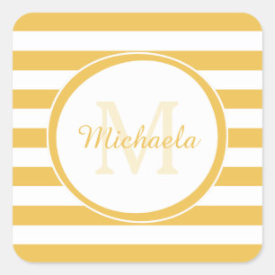 Lemon Yellow Candy Stripes Girly Name and Monogram Square Sticker