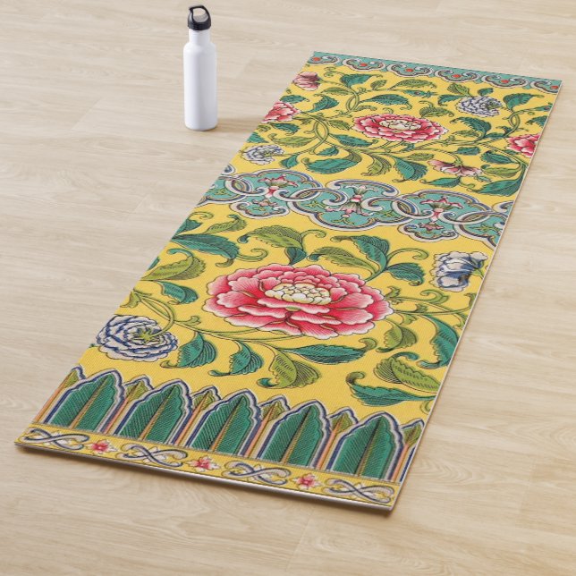 Lemon Yellow Chinese Decorative with Pink Lotus  Yoga Mat (In Situ)