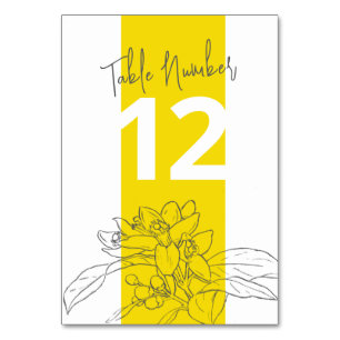 Lemon yellow citrus blossom grey white wedding table number