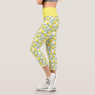 Lemon Yellow Citrus Fruit Botanical Pattern Capri Leggings