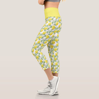 Lemon Yellow Citrus Fruit Botanical Pattern Capri Leggings