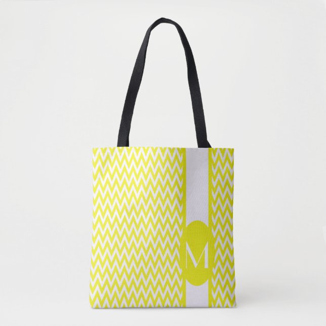 Lemon Yellow Elegant Chevron Design with monogram Tote Bag (Front)