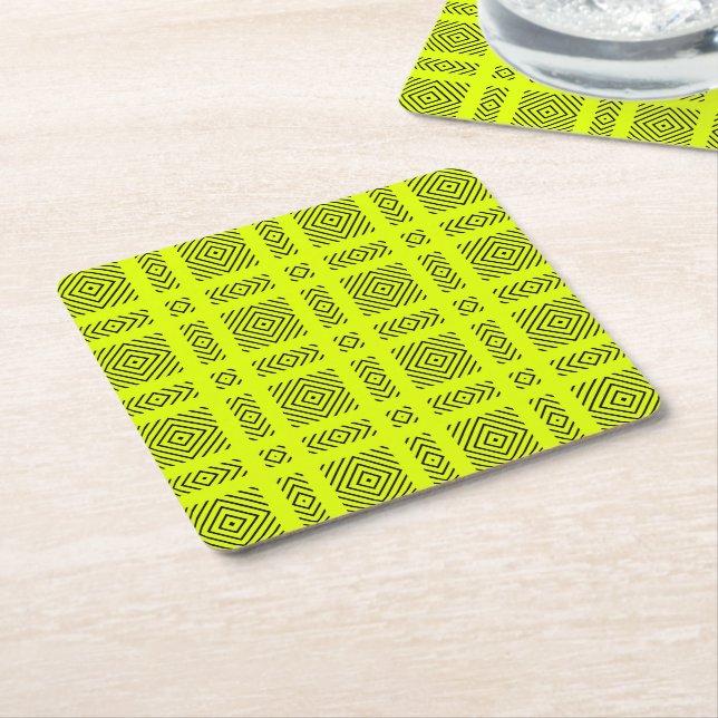 Lemon yellow geometric pattern square paper coaster (Angled)