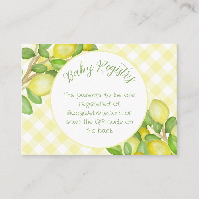 Lemon Yellow Gingham Baby Registry Enclosure Card (Front)
