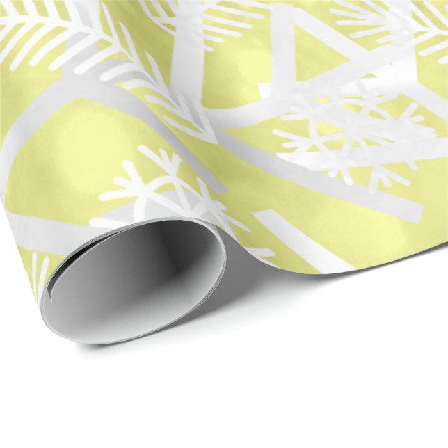 Lemon Yellow Glitter Christmas Holiday Snowflakes Wrapping Paper (Roll Corner)
