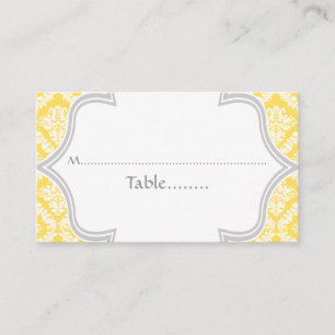 Lemon yellow, grey damask wedding place card