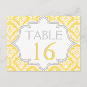Lemon yellow, grey damask wedding table number postcard