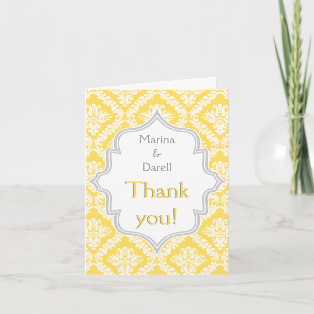 Lemon yellow grey damask wedding Thank You photo (Front)