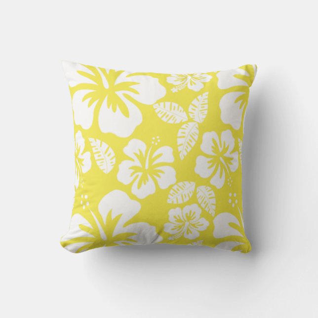 Lemon Yellow Hawaiian Tropical Hibiscus Cushion (Front)
