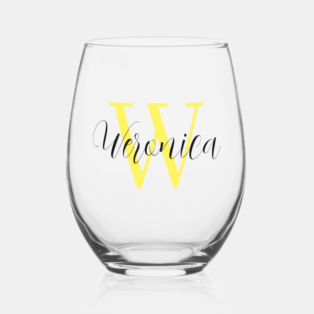 Lemon Yellow Initial and Black Name | Elegant Stemless Wine Glass (Front)