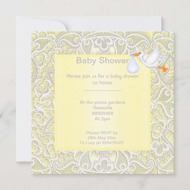 Lemon yellow lace elegant baby shower stork invitation (Front)