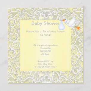 Lemon yellow lace elegant baby shower stork invitation