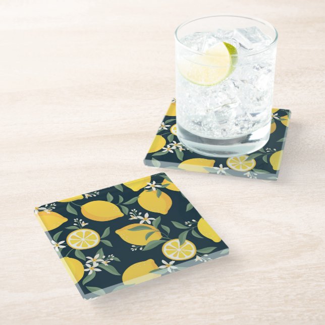 Lemon Yellow Leaf Pattern Glass Coaster (Angled)