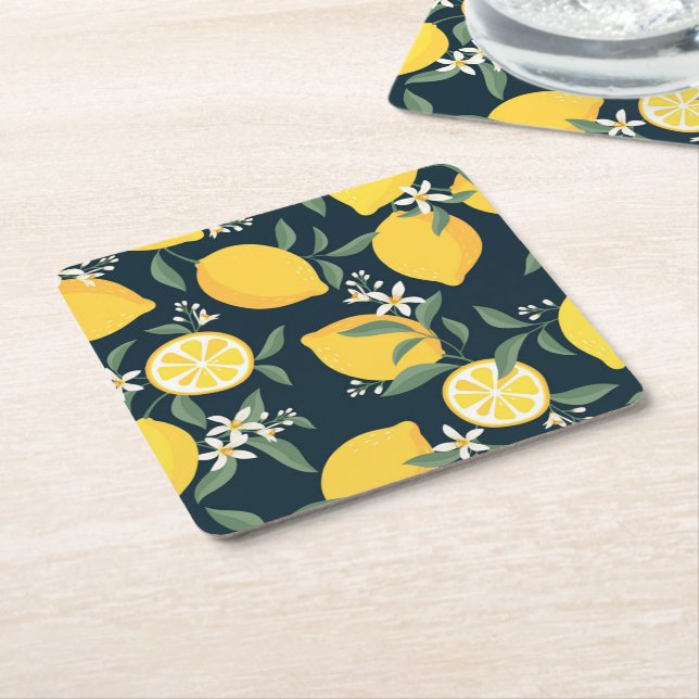 Lemon Yellow Leaf Pattern Square Paper Coaster (Angled)