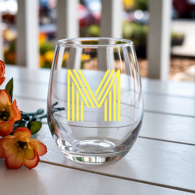 Lemon Yellow Modern Monogram Initial Letter Stemless Wine Glass (Creator Uploaded)