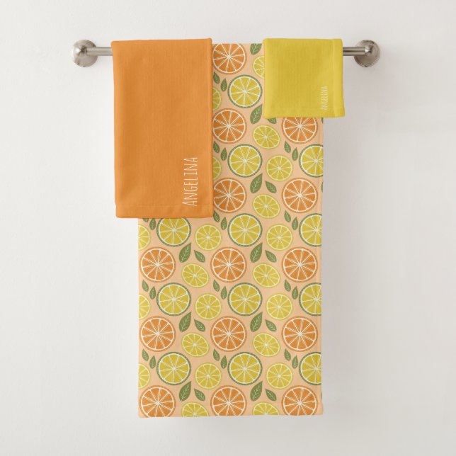 Lemon yellow orange  Pattern white name Bath Towel Set (Insitu)
