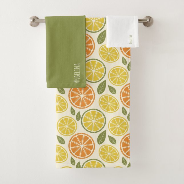 Lemon yellow orange  Pattern white name Bath Towel Set (Insitu)